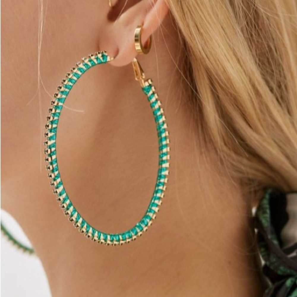 Urban Outfitters Gold and Green Beaded Hoop Earrings